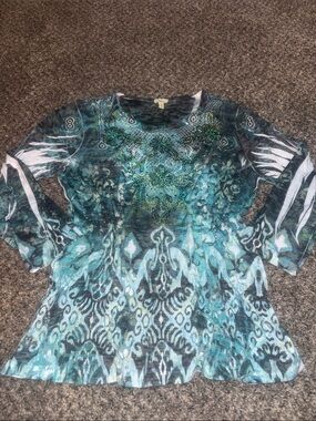 Reba Teal and Black Beaded Scoop Neck Top